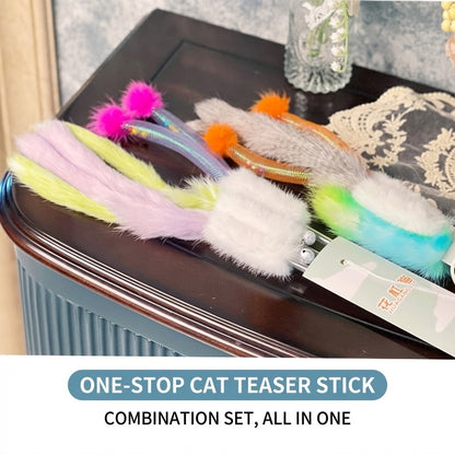 FUREVER365 HM-63 3pcs Cat Teaser Set - Real Mink Fur Ball Rainbow Plush Tail & Rabbit Ear Steel Wire Wands