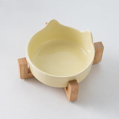 Premium Ceramic Cat Bowl with Wood Stand Anti-Black Chin Elevated Pet Dog Food Water Bowl Mangkuk Kucing
