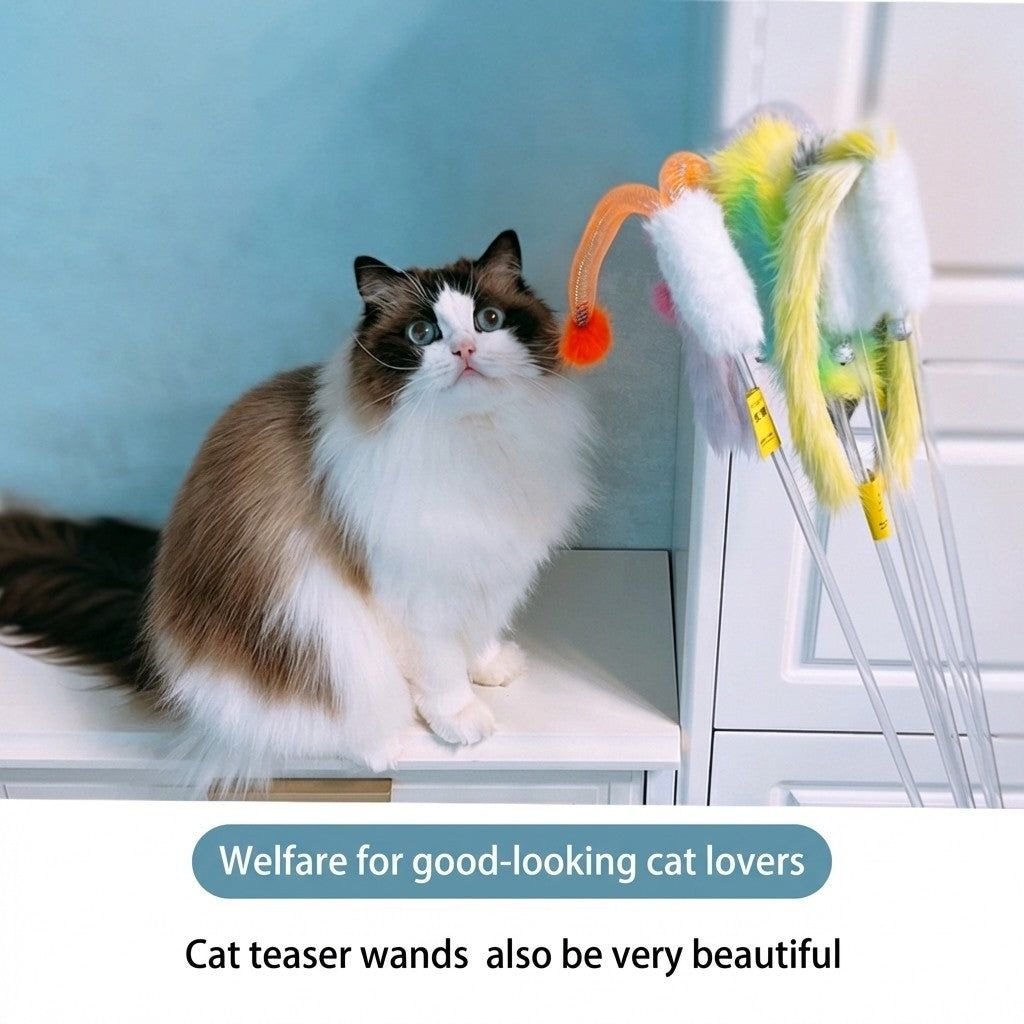 FUREVER365 HM-63 3pcs Cat Teaser Set - Real Mink Fur Ball Rainbow Plush Tail & Rabbit Ear Steel Wire Wands