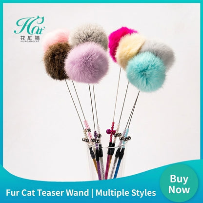 FUREVER365 TM-02Rabbit Fur Ball Cat Teaser - Extra Long Wand High-Elasticity Steel Wire Bouncing Toy