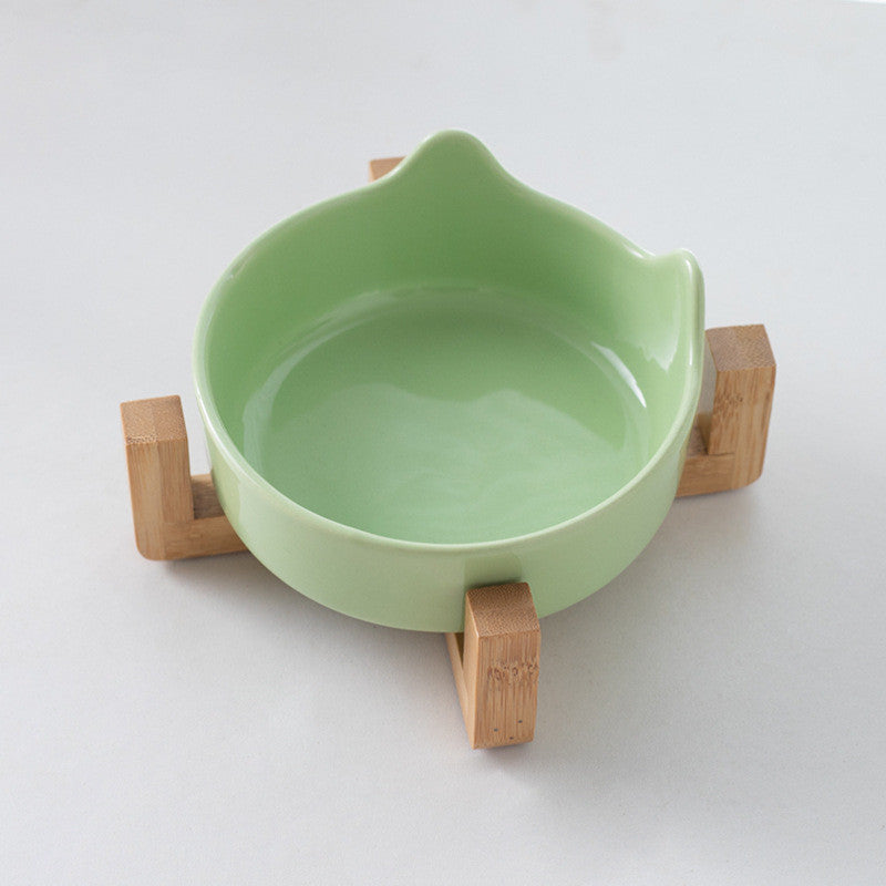 Premium Ceramic Cat Bowl with Wood Stand Anti-Black Chin Elevated Pet Dog Food Water Bowl Mangkuk Kucing