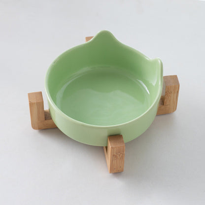 Premium Ceramic Cat Bowl with Wood Stand Anti-Black Chin Elevated Pet Dog Food Water Bowl Mangkuk Kucing