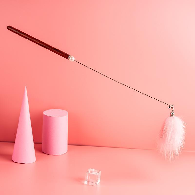FUREVER365 HM-05 Macaron Fox Fur Ball Cat Teaser - Solid Wood Wand Elastic Rope Interactive Toy