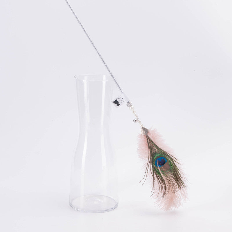 FUREVER365 HM-15 Peacock Feather Cat Teaser - Natural Iridescent Feathers High-Elasticity Steel Wand