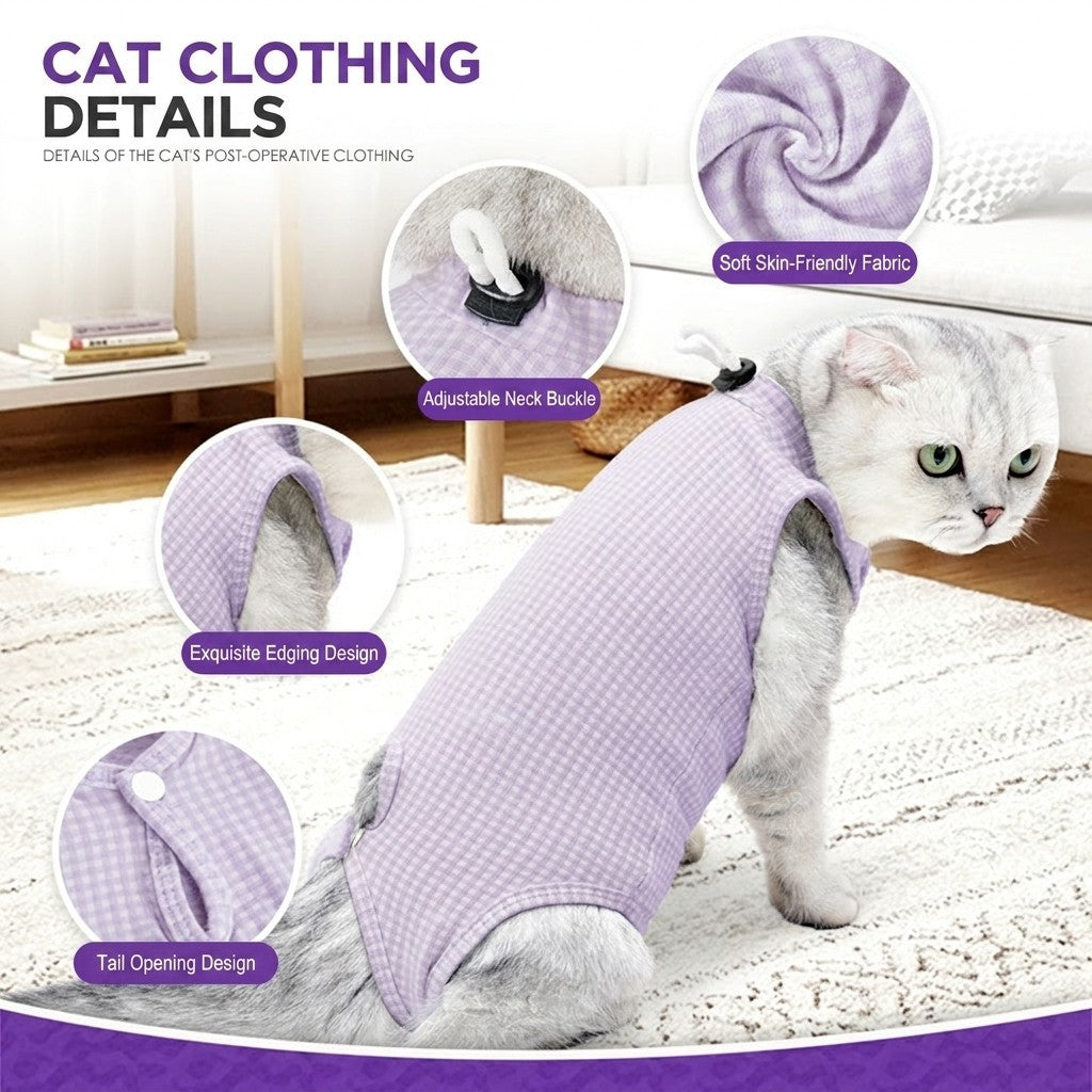Premium Cotton Cat Recovery Suit Post Surgery Shirt Anti-Lick Sterilization Care Breathable Baju Kucing