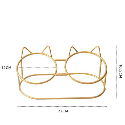 Elevated Ceramic Double Cat Bowl with Metal Stand 15° Tilted Neck Protection Anti-Vomiting Pet Feeder