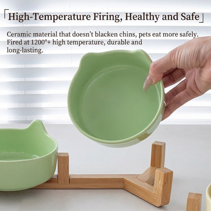 Premium Ceramic Cat Bowl with Wood Stand Anti-Black Chin Elevated Pet Dog Food Water Bowl Mangkuk Kucing
