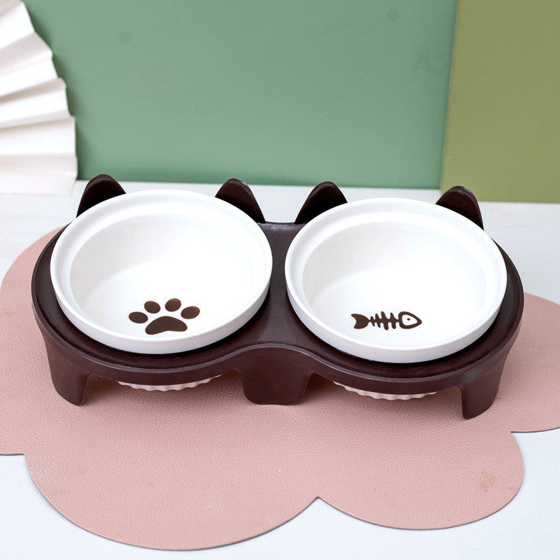 Ceramic Cat Bowl Elevated Tilted Neck Protection Pet Food Water Feeder Anti-Black Chin Mangkuk Kucing