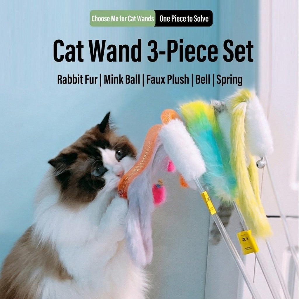 FUREVER365 HM-63 3pcs Cat Teaser Set - Real Mink Fur Ball Rainbow Plush Tail & Rabbit Ear Steel Wire Wands