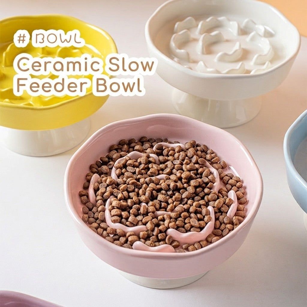 Ceramic Slow Feeder Cat Bowl Anti-Choke Dog Bowl Neck Protection Anti-Vomiting Elevated Pet Bowl