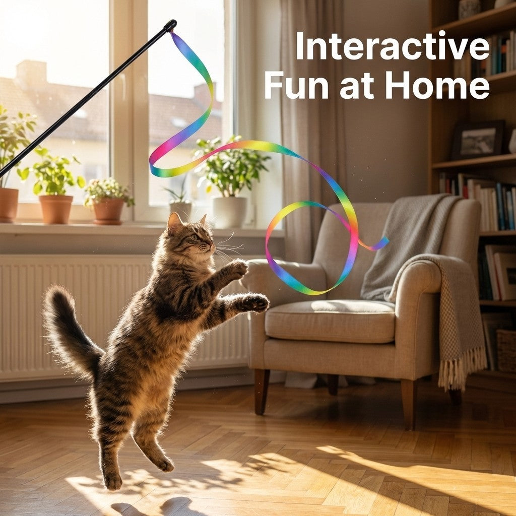 FUREVER365 TM-33 Minimalist Ribbon Cat Teaser - Lightweight PVC Wand Soft Fluttering Interaction Toy