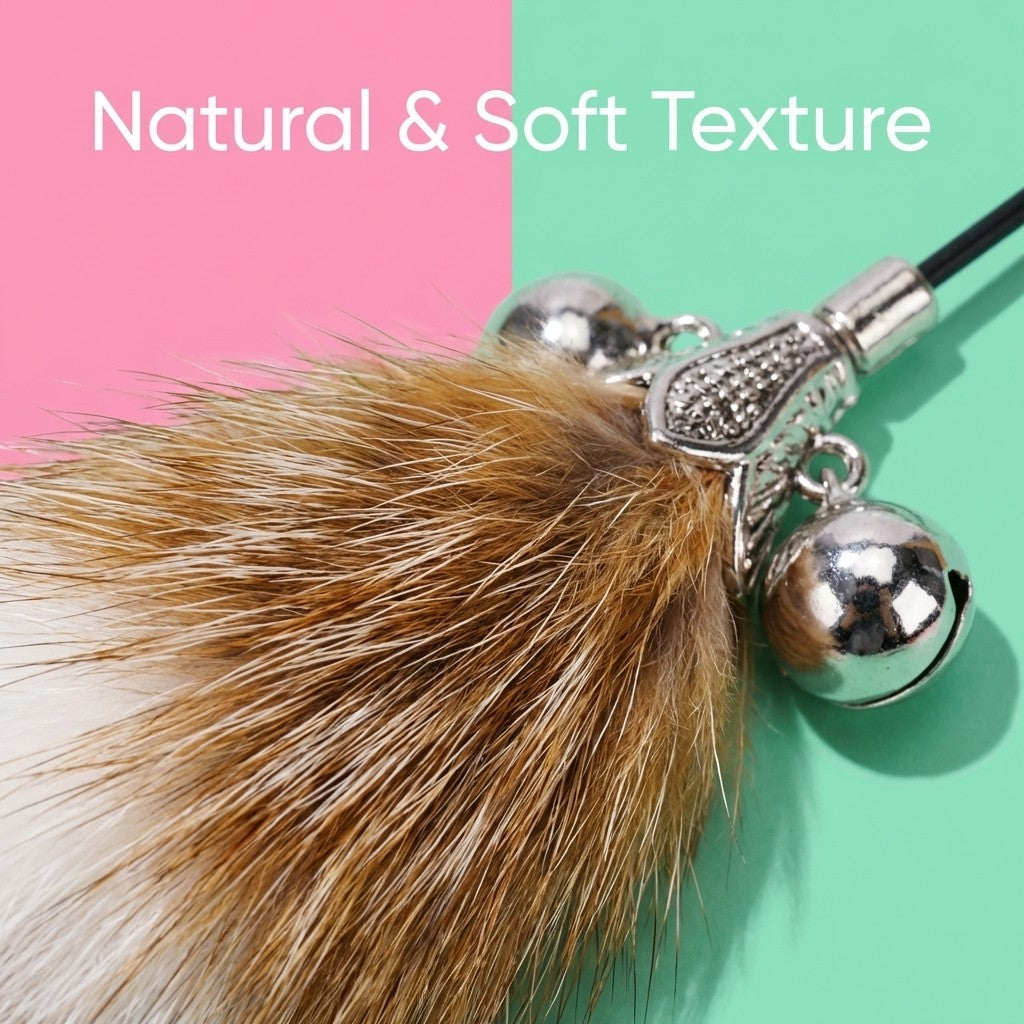 FUREVER365 HM-14 Fox Fur Cat Teaser - Real Fur Tail Solid Wood Handle High-Elasticity Steel Wire Toy