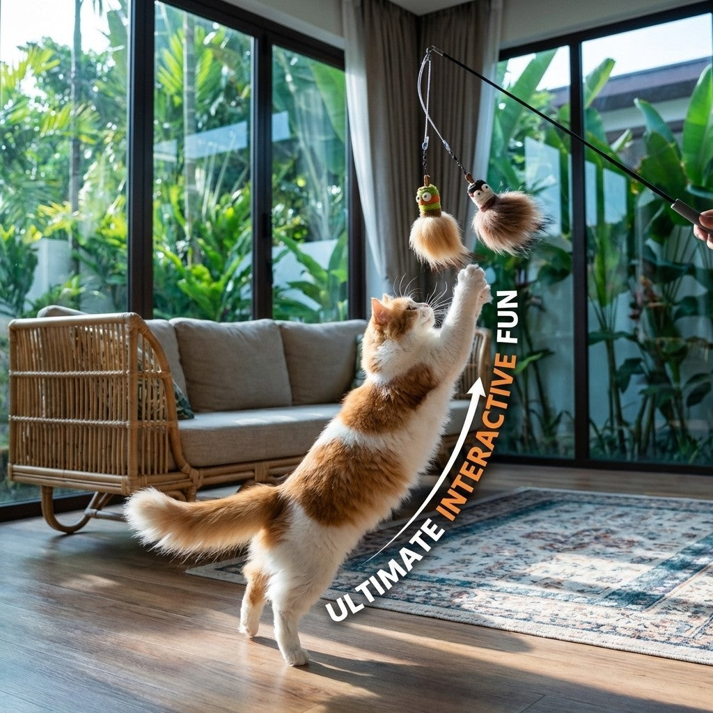FUREVER365 HM-61 Squeaky Monster Cat Teaser - High-Elasticity Spring Wand with Physical Sounder Toy
