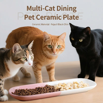 Ceramic Multi-Cat Food Plate Long Shallow Kitten Bowl Anti-Tip Neck Protection Snack Canned Food Tray