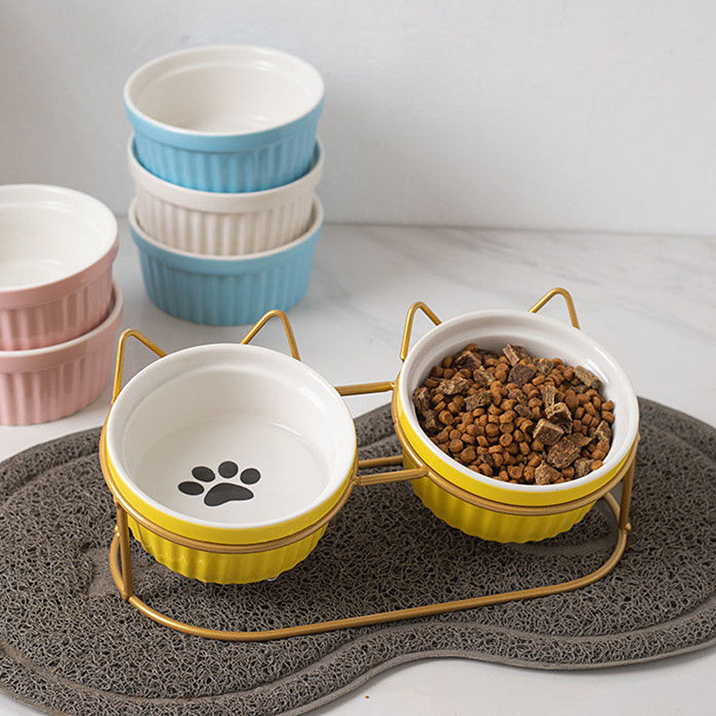Elevated Ceramic Double Cat Bowl with Metal Stand 15° Tilted Neck Protection Anti-Vomiting Pet Feeder