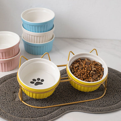 Elevated Ceramic Double Cat Bowl with Metal Stand 15° Tilted Neck Protection Anti-Vomiting Pet Feeder