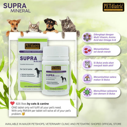 Supra Mineral Complete Nutraceutical for Dogs and Cats. 30 Tablets - Multivitamins complete - Omega 3 & 6, Zinc, Lysine