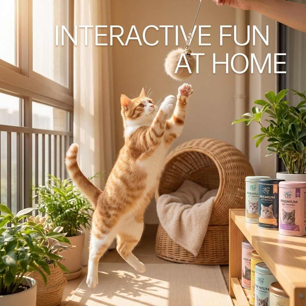 FUREVER365 TM-02Rabbit Fur Ball Cat Teaser - Extra Long Wand High-Elasticity Steel Wire Bouncing Toy