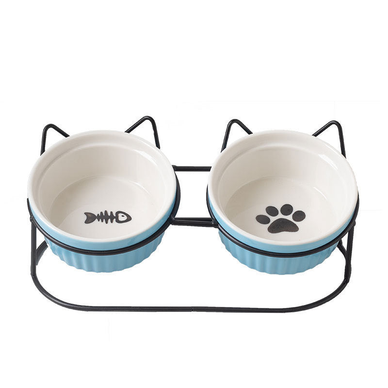 Elevated Ceramic Double Cat Bowl with Metal Stand 15° Tilted Neck Protection Anti-Vomiting Pet Feeder