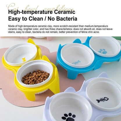 Ceramic Cat Bowl Elevated Tilted Neck Protection Pet Food Water Feeder Anti-Black Chin Mangkuk Kucing