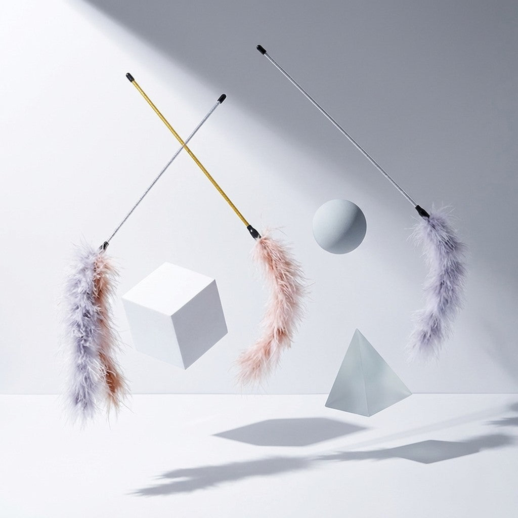 FUREVER365 TM-26 Turkey Feather Cat Teaser-Durable PVC Wand High-Elasticity Steel Wire Bouncing Toy