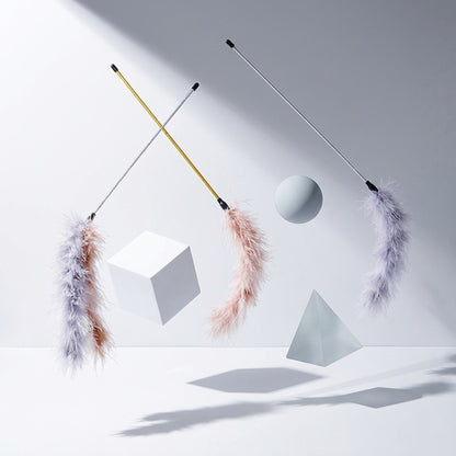 FUREVER365 TM-26 Turkey Feather Cat Teaser-Durable PVC Wand High-Elasticity Steel Wire Bouncing Toy