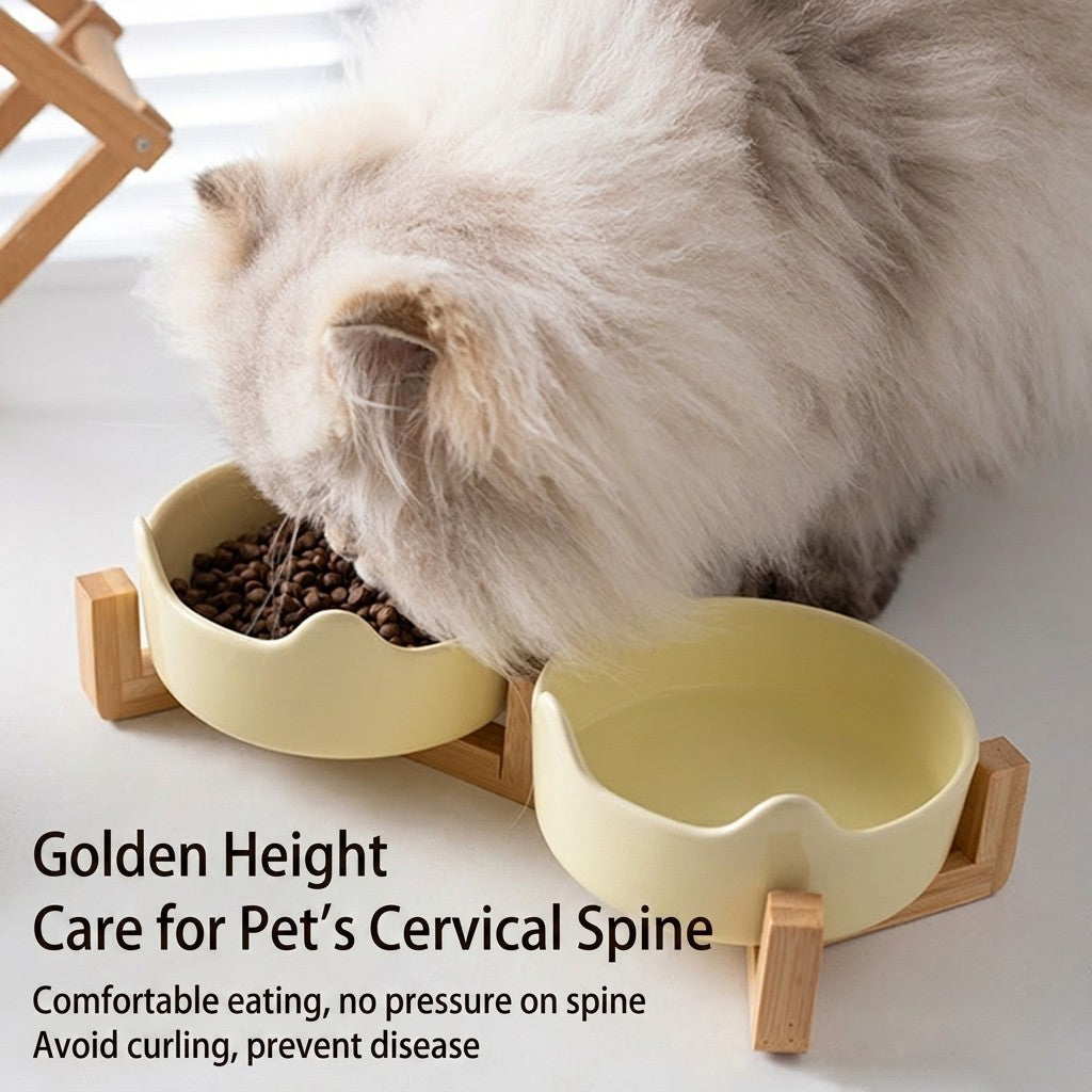 Premium Ceramic Cat Bowl with Wood Stand Anti-Black Chin Elevated Pet Dog Food Water Bowl Mangkuk Kucing