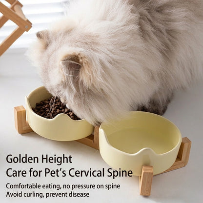 Premium Ceramic Cat Bowl with Wood Stand Anti-Black Chin Elevated Pet Dog Food Water Bowl Mangkuk Kucing