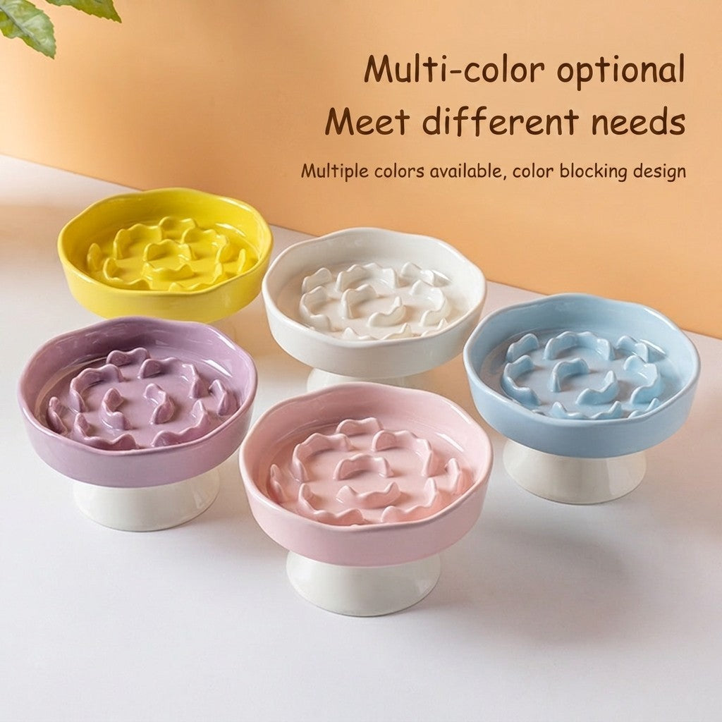 Ceramic Slow Feeder Cat Bowl Anti-Choke Dog Bowl Neck Protection Anti-Vomiting Elevated Pet Bowl