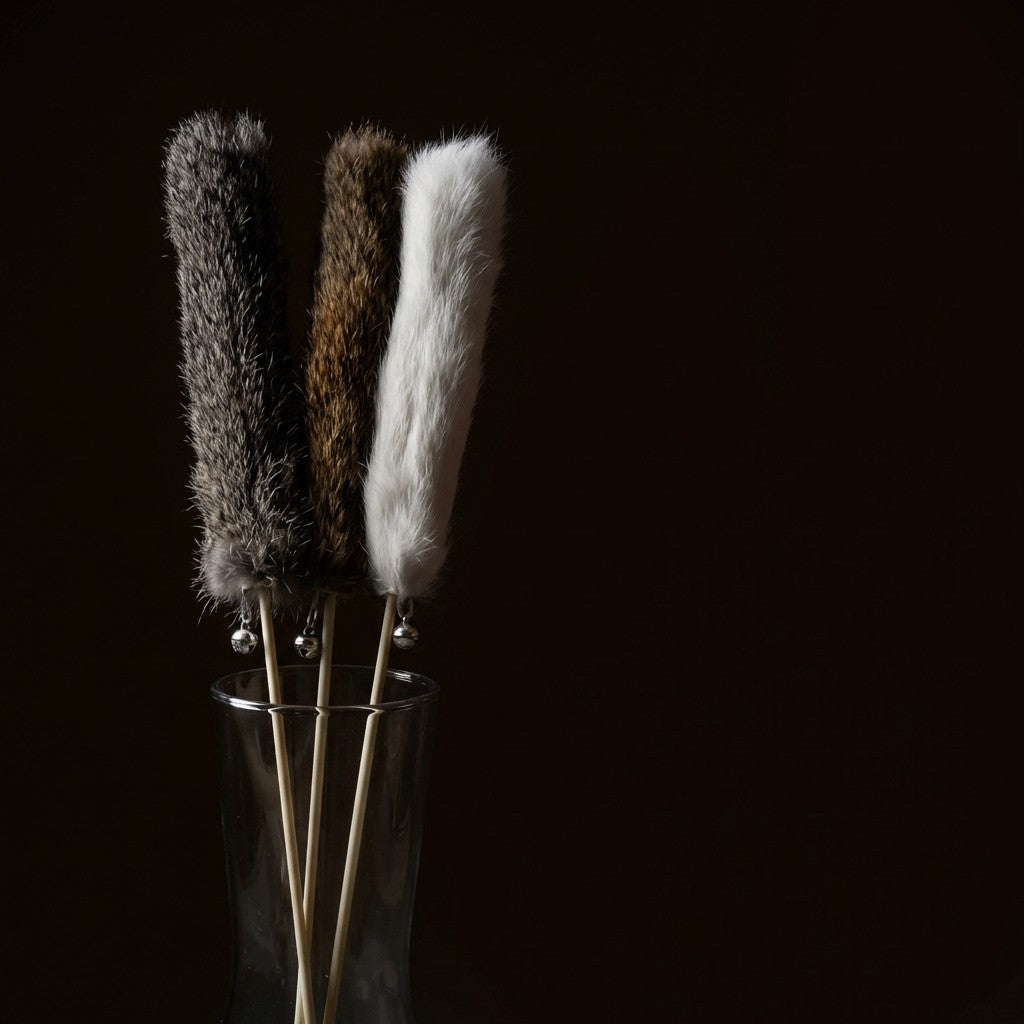 FUREVER365 TM-53 Real Rabbit Fur Cat Wand Teaser Toy Wheat Ear with Bell 60cm Mainan Kucing