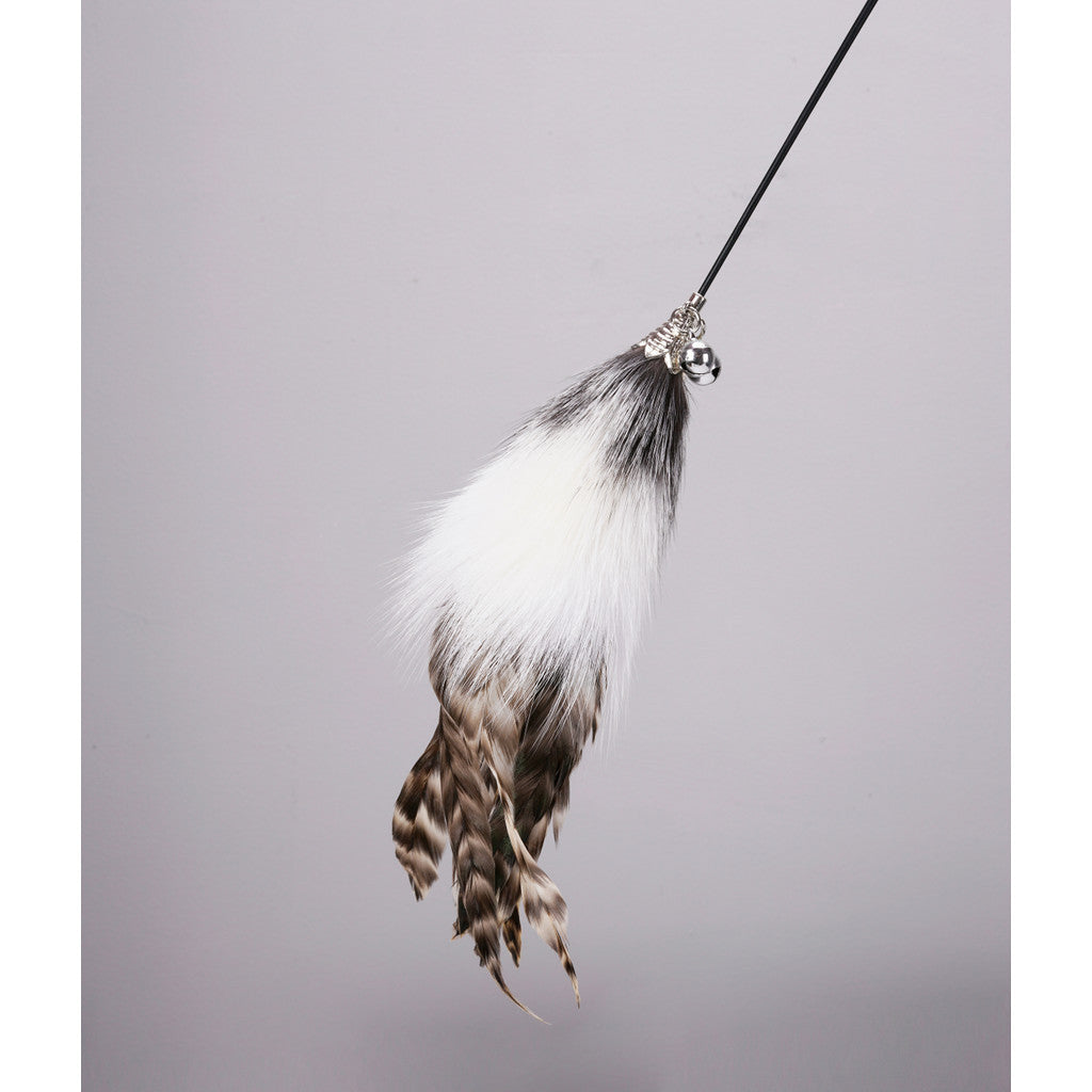 FUREVER365 HM-14 Fox Fur Cat Teaser - Real Fur Tail Solid Wood Handle High-Elasticity Steel Wire Toy