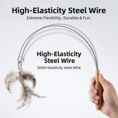 FUREVER365 HM-40 Natural Sisal Feather Cat Teaser - High-Elasticity Steel Wire & Solid Wood Grip Toy