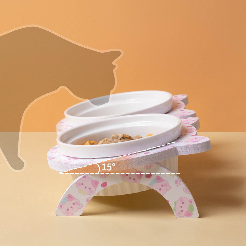 Elevated Ceramic Cat Bowl Tilted Neck Protection Double Bowl Anti-Black Chin Dog Food Water Feeder