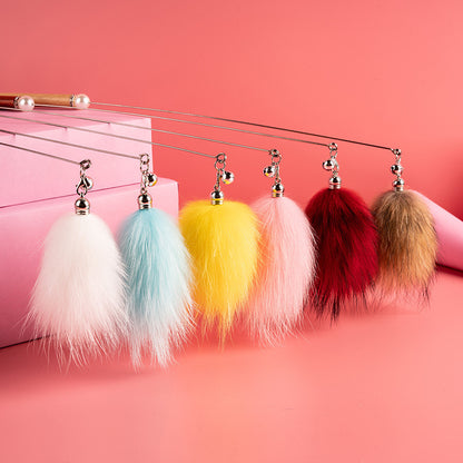 FUREVER365 HM-05 Macaron Fox Fur Ball Cat Teaser - Solid Wood Wand Elastic Rope Interactive Toy