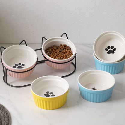 Elevated Ceramic Double Cat Bowl with Metal Stand 15° Tilted Neck Protection Anti-Vomiting Pet Feeder