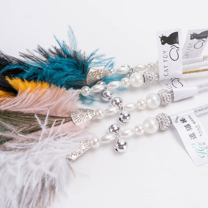 FUREVER365 HM-15 Peacock Feather Cat Teaser - Natural Iridescent Feathers High-Elasticity Steel Wand