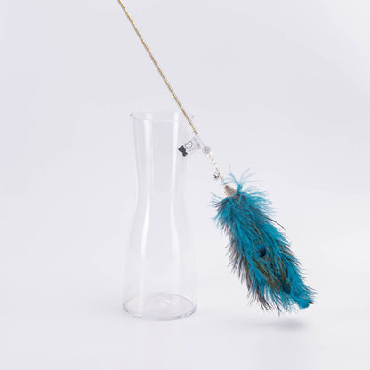 FUREVER365 HM-15 Peacock Feather Cat Teaser - Natural Iridescent Feathers High-Elasticity Steel Wand