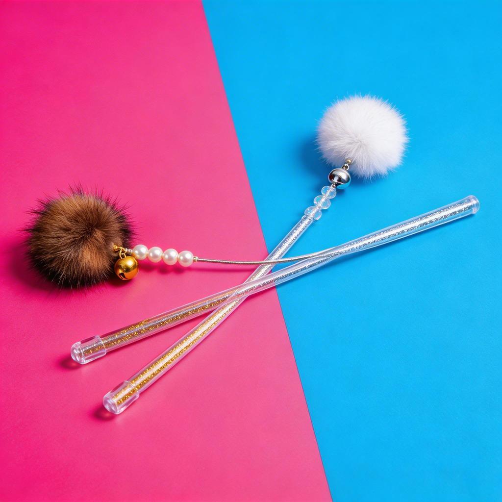 FUREVER365 HM-07 Premium Fox Fur Cat Teaser - Durable PVC Handle Long Steel Wire Bouncing Toy