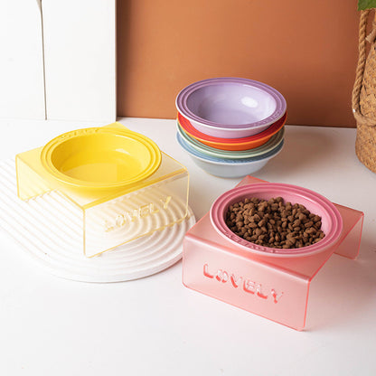 French Style Gradient Ceramic Cat Bowl Aesthetic Acrylic Elevated Stand Anti-Black Chin UFO Pet Plate