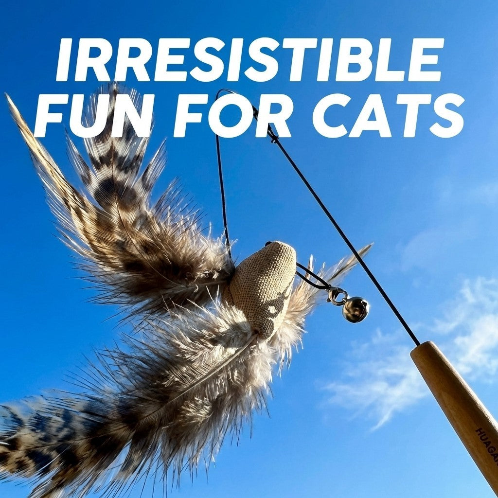 FUREVER365 HM-40 Natural Sisal Feather Cat Teaser - High-Elasticity Steel Wire & Solid Wood Grip Toy