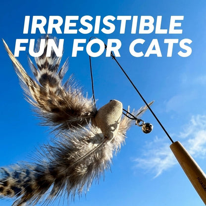 FUREVER365 HM-40 Natural Sisal Feather Cat Teaser - High-Elasticity Steel Wire & Solid Wood Grip Toy