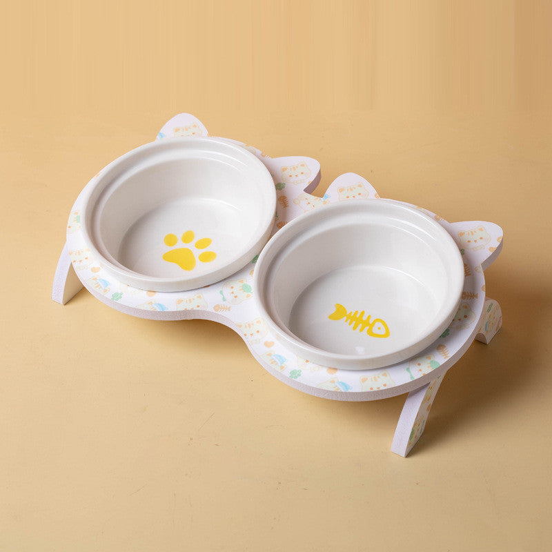 Elevated Ceramic Cat Bowl Tilted Neck Protection Double Bowl Anti-Black Chin Dog Food Water Feeder