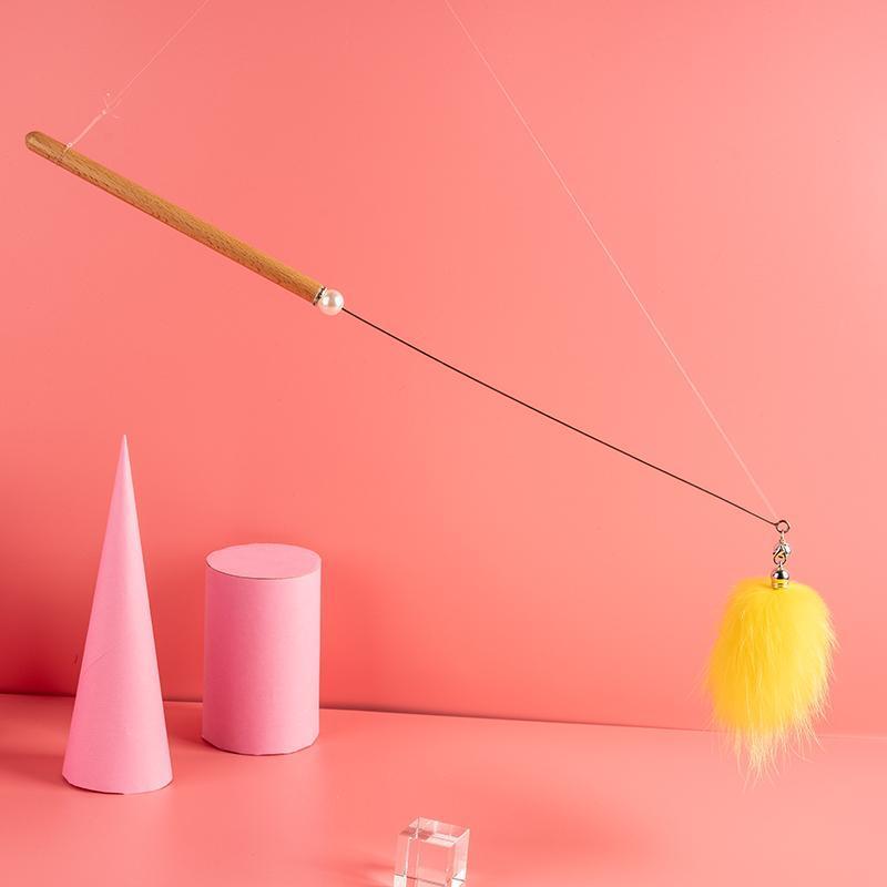 FUREVER365 HM-05 Macaron Fox Fur Ball Cat Teaser - Solid Wood Wand Elastic Rope Interactive Toy