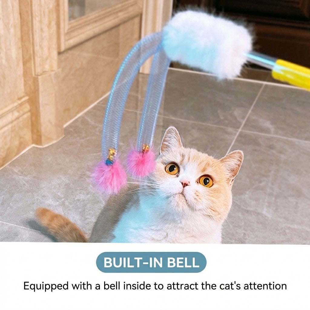 FUREVER365 HM-63 3pcs Cat Teaser Set - Real Mink Fur Ball Rainbow Plush Tail & Rabbit Ear Steel Wire Wands