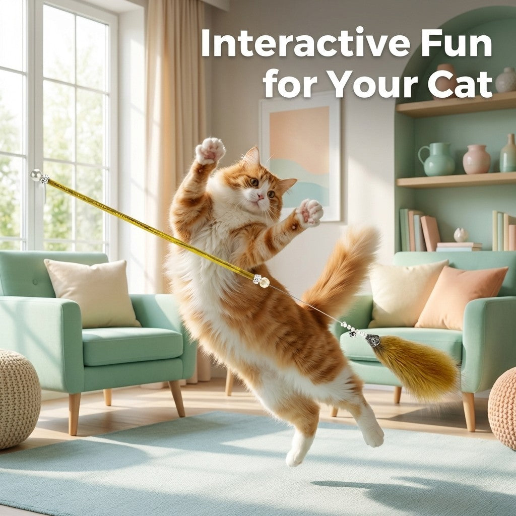 FUREVER365 HM-06 Premium Fox Fur Cat Teaser - Extra Fluffy Solid Wood Wand Bouncing Toy