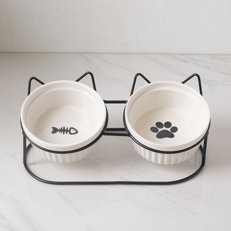 Elevated Ceramic Double Cat Bowl with Metal Stand 15° Tilted Neck Protection Anti-Vomiting Pet Feeder