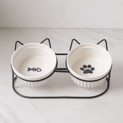 Elevated Ceramic Double Cat Bowl with Metal Stand 15° Tilted Neck Protection Anti-Vomiting Pet Feeder