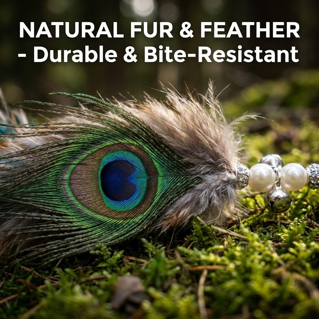 FUREVER365 HM-15 Peacock Feather Cat Teaser - Natural Iridescent Feathers High-Elasticity Steel Wand