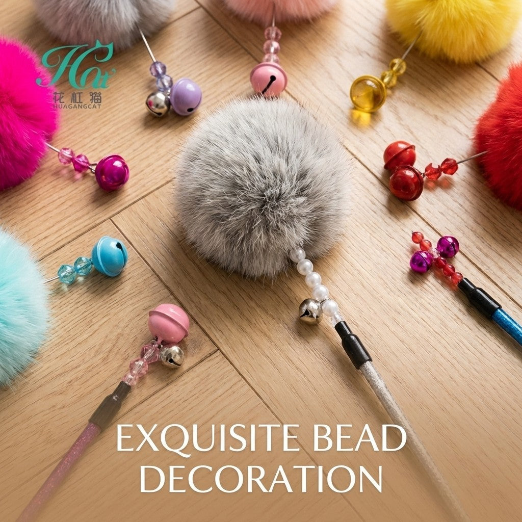 FUREVER365 TM-02Rabbit Fur Ball Cat Teaser - Extra Long Wand High-Elasticity Steel Wire Bouncing Toy