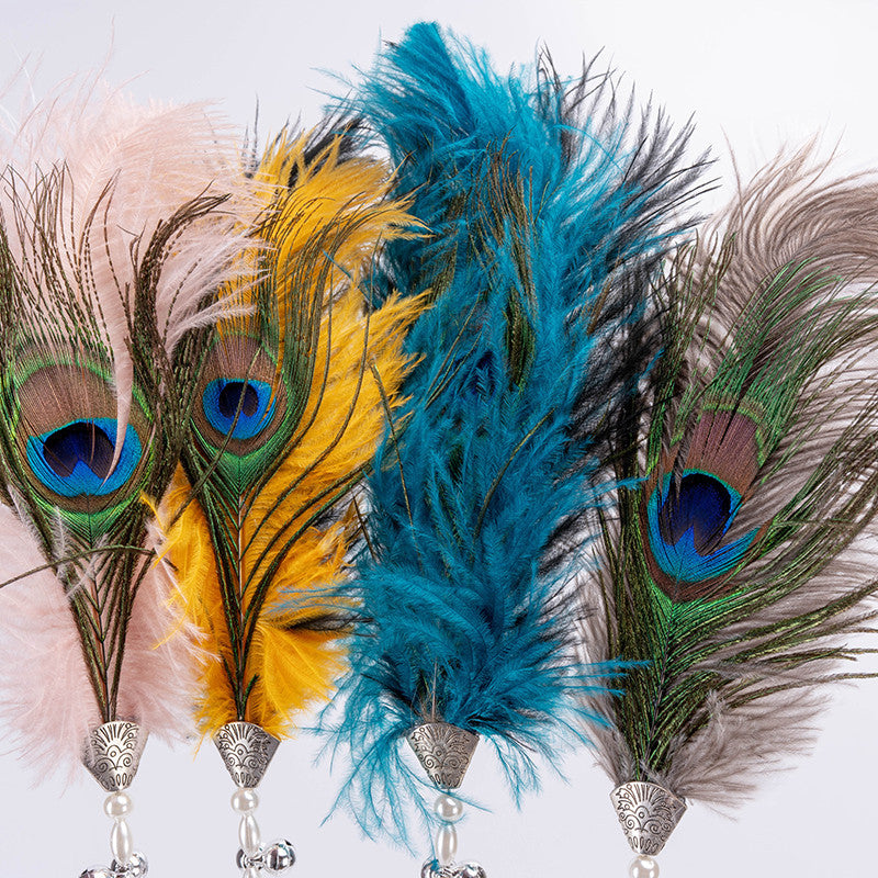 FUREVER365 HM-15 Peacock Feather Cat Teaser - Natural Iridescent Feathers High-Elasticity Steel Wand